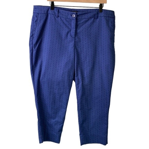 Hilary Radley Geo Print High Waist Blue Cropped Pants Slim Leg Stretch Slit Hem - Picture 2 of 16